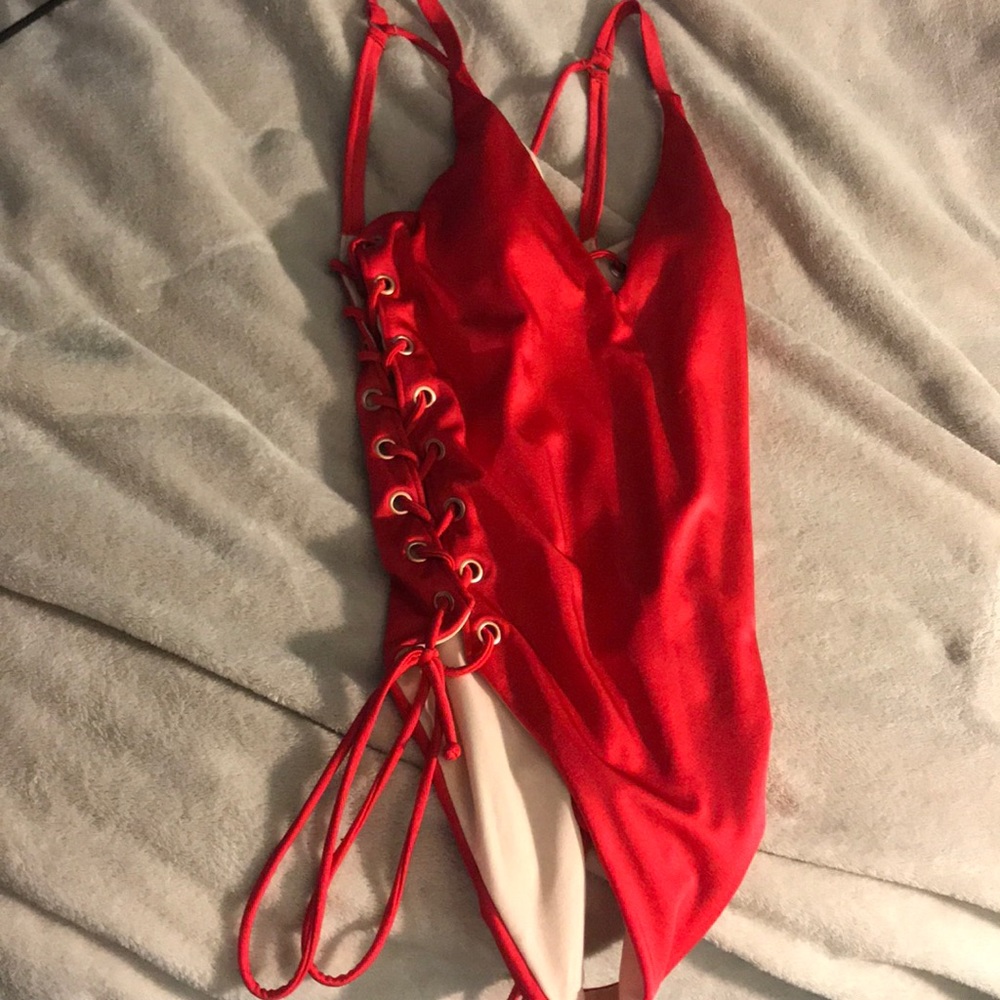Red lace one piece bathing suit